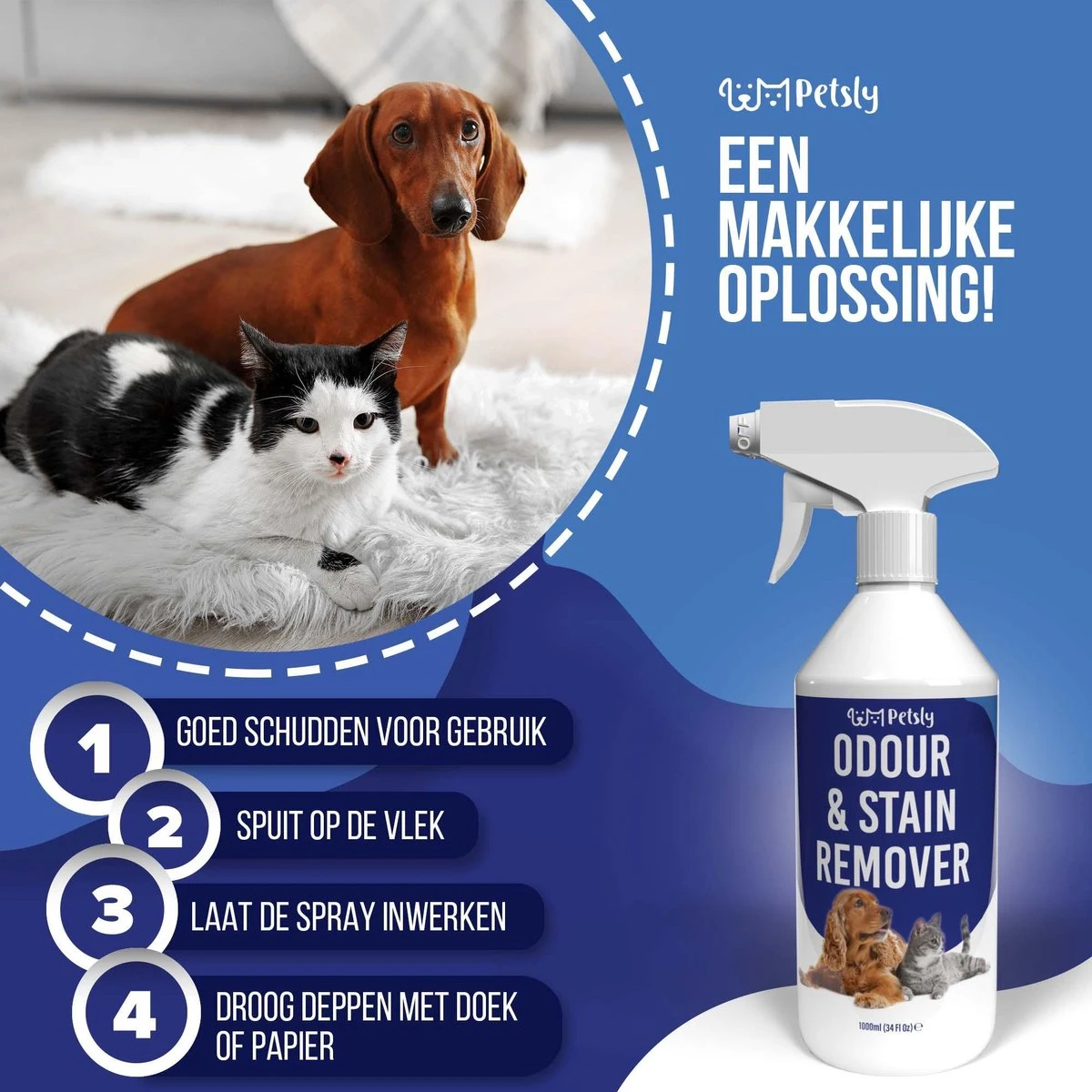 Petsly Odour & Stain Remover - Geurverwijderaars - Urine Vlekken Verwijderen Urinegeur Verwijderen Met Plantaardige Enzymen - 1L 5 Petsly Odour & Stain Remover - Geurverwijderaars - Urine Vlekken Verwijderen Urinegeur Verwijderen Met Plantaardige Enzymen - 1L - Afbeelding 3