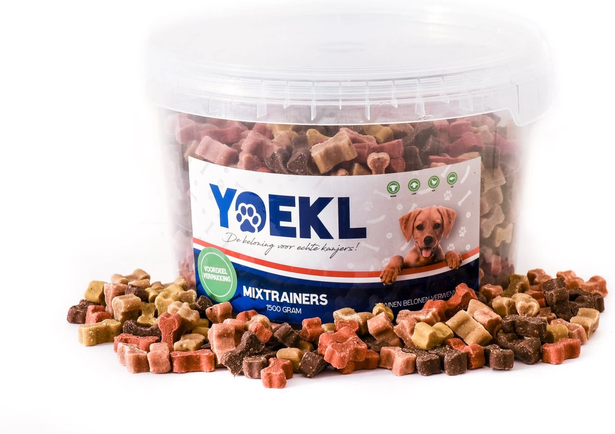 YOEKL Mixtrainers 1500 Gram Voordeelemmer - Kip/Lam/Rund/Vis Hondensnacks - Beloningssnoep - Trainingssnoep 3 YOEKL Mixtrainers 1500 Gram Voordeelemmer - Kip/Lam/Rund/Vis Hondensnacks - Beloningssnoep - Trainingssnoep