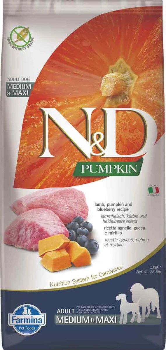 FARMINA N&D GF PUMPKIN DOG LAMB&BLUEBERRY ADULT MEDIUM/MAXI 12 KG 4 FARMINA N&D GF PUMPKIN DOG LAMB&BLUEBERRY ADULT MEDIUM/MAXI 12 KG - Afbeelding 2